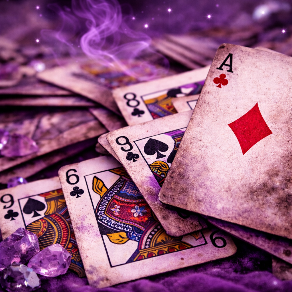 Spielkarten mit einem Ass, umgeben von lila Funken und Kristallen.